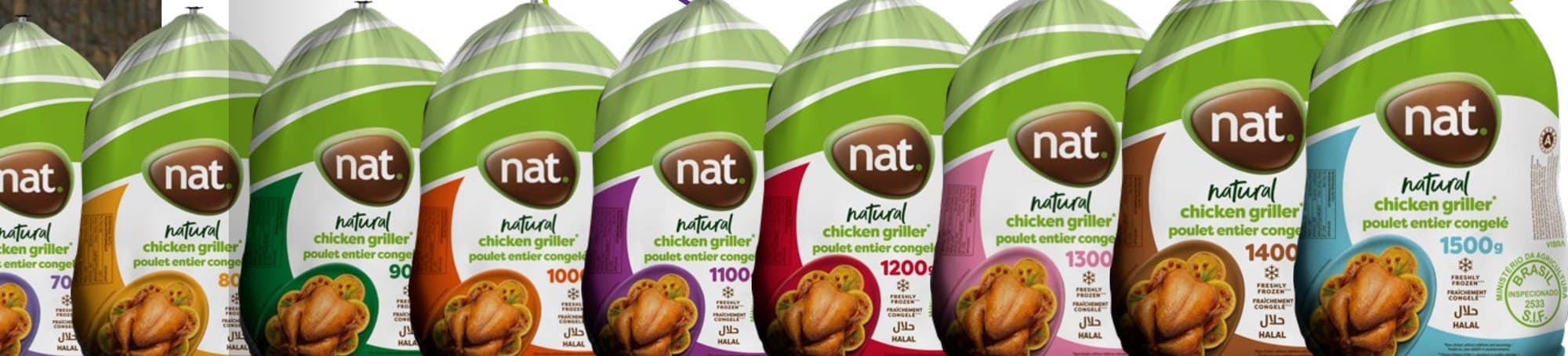 Nat brand whole frozen chicken grillers in color-coded weight bags