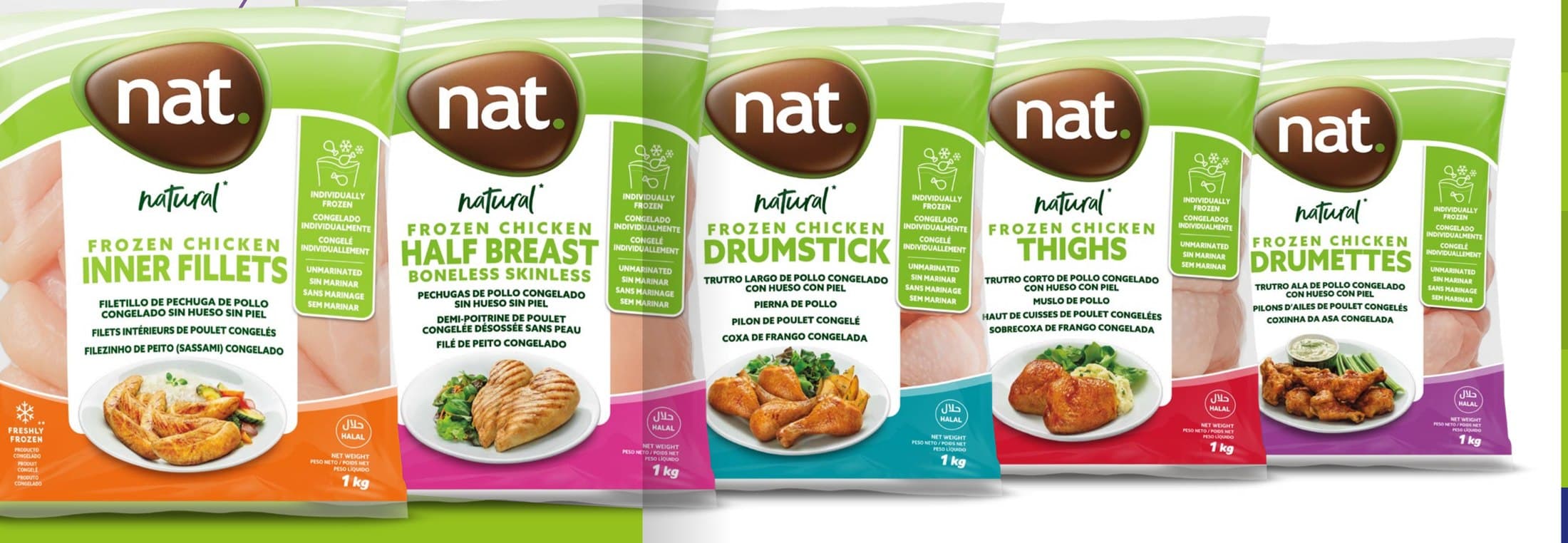 Nat brand individually quick-frozen chicken cuts — inner fillets, half breast, drumstick, thighs and drumettes