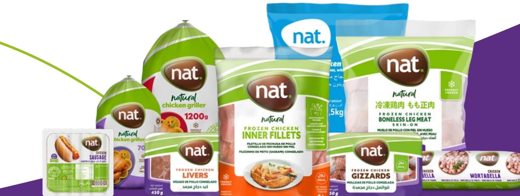 Full range of Nat brand frozen chicken products — griller, sausage, fillets, livers, gizzards and mortadella